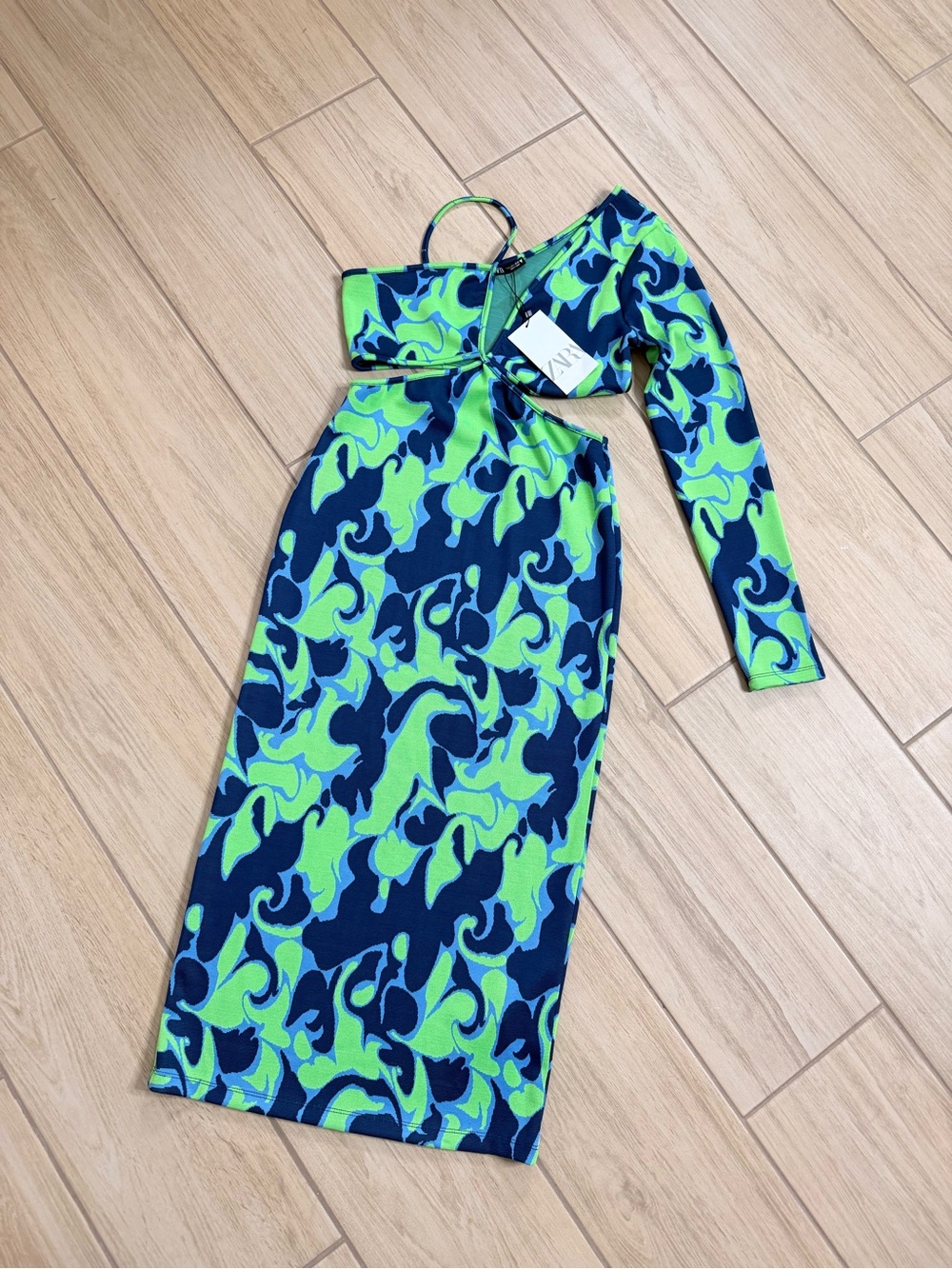 Zara Navy Blue and Lime Green One-Shoulder Midi Dress